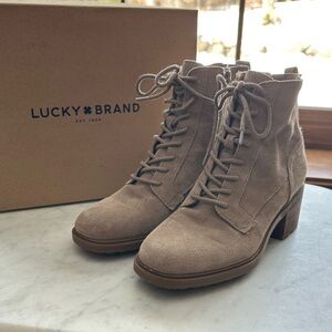 Lucky Brand Diedrah Oiled Suede, Lug Sole Women's Ankle Combat Boots in Taupe